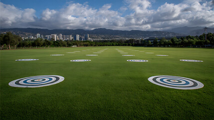 A wide green field with circular target patterns marked on the grass, set against a backdrop of trees, mountains, and a city skyline under a partly cloudy sky.