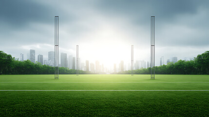 A cricket field with stumps under a bright sky, surrounded by trees and a distant city skyline