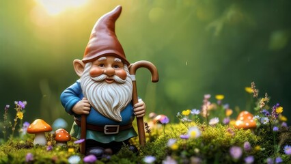 A whimsical garden gnome figurine, with a long white beard and blue tunic, stands amidst vibrant wildflowers, mushrooms, and moss, bathed in soft sunlight