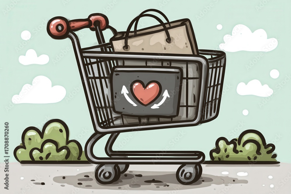 Poster a whimsical shopping cart filled with a paper bag and adorned with a heart symbol creating a joyful 