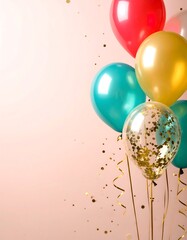 Party balloons in pastel colors against a light pink background