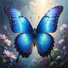Beautiful blue butterfly in a flower-filled forest glade
