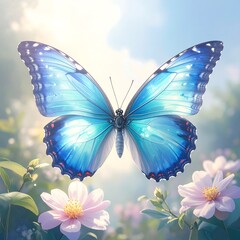 Beautiful blue butterfly among flowers