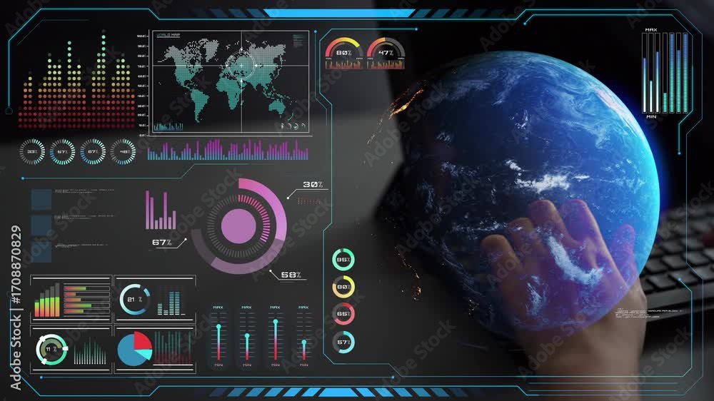 Poster high-tech global network connection interface showing worldwide digital communication, data exchange