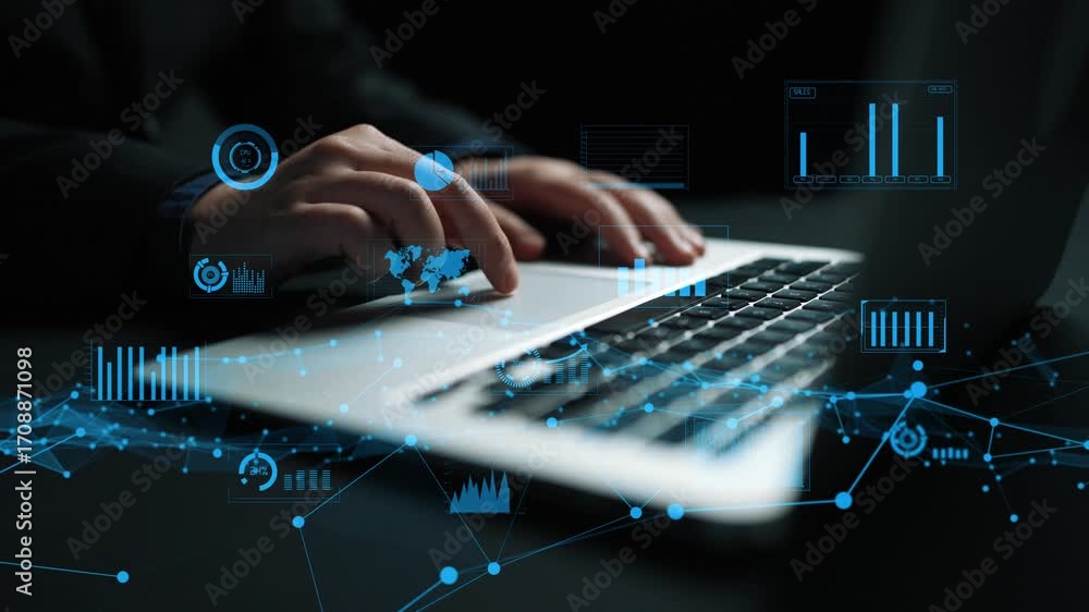 Poster close-up of hands typing on a laptop, surrounded by digital data visuals and graphs that represent m