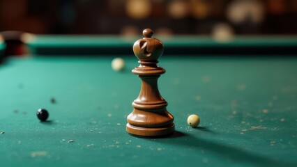 A wooden chess queen stands on a worn green pool table, flanked by billiard balls; dimly lit, suggesting a relaxed, perhaps nostalgic setting
