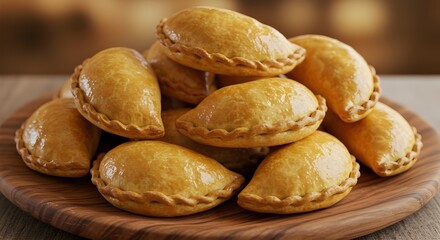 Fototapeta premium Delicious golden Argentinian empanada served on rustic plate, taste of tradition and joy.