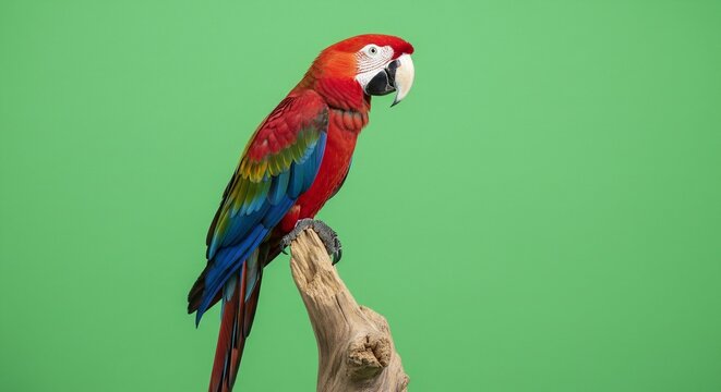 Scarlet Macaw perched on a branch against a green screen.