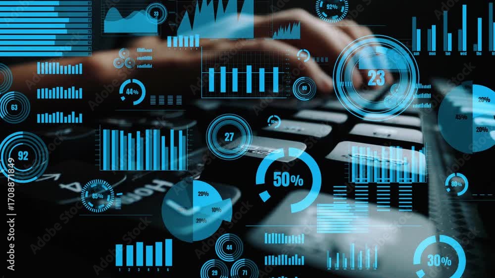 Poster An abstract representation of advanced data visualization featuring various graphs and charts in a vibrant blue hue, perfect for illustrating analytic concepts in technology and business. Xenic