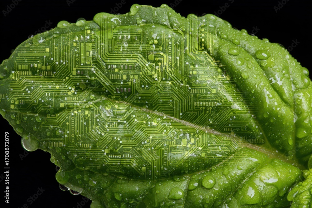 Poster a close-up view of a lush green leaf interwoven with intricate circuit designs showcasing the fusion