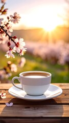 Fototapeta premium Coffee cup in spring blossoms
