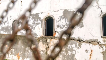 Weathered building with arched windows and rusty chains