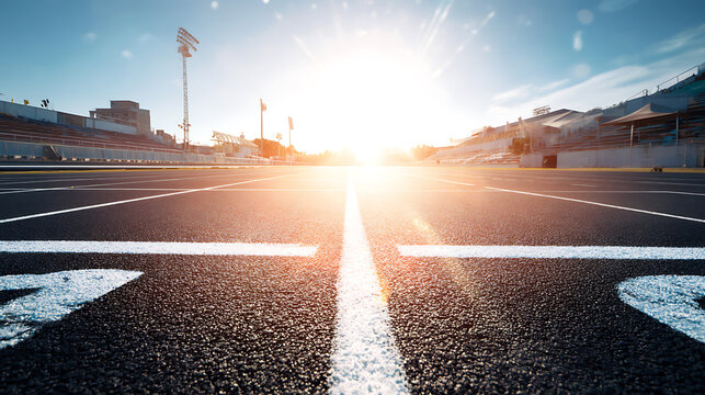 Sunset view of an empty running track with bright sunlight and stadium seating in the background