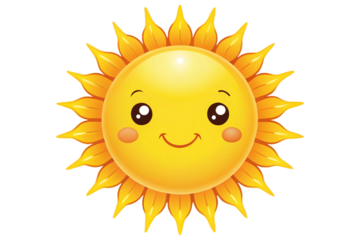 Cheerful cartoon sun with smiling face and radiant rays yellow solar icon isolated on transparent background