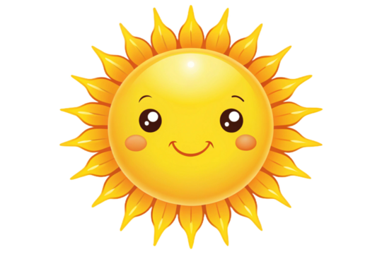 Cheerful cartoon sun with smiling face and radiant rays yellow solar icon isolated on transparent background