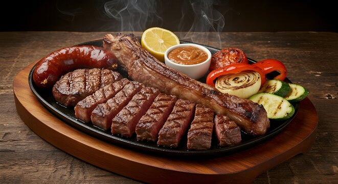 Argentinian parrillada with grilled meat cuts and vegetables served on rustic table.