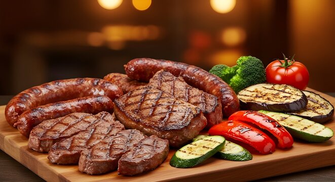 Argentinian parrillada with grilled meat cuts and vegetables served on rustic table.