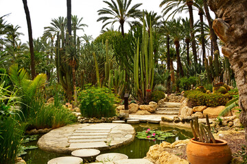 ścieżka z betonowych kręgów i kamienne schody w egzotycznym ogrodzie z palmami, gaj palmowy, a path of concrete circles on the pond, Huerto Del Cura Botanical garden palm in Elche, Alicante, spain, © kateej
