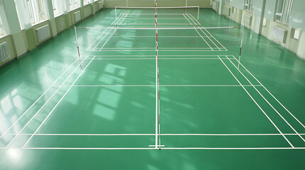 Indoor badminton court with green flooring and white boundary lines