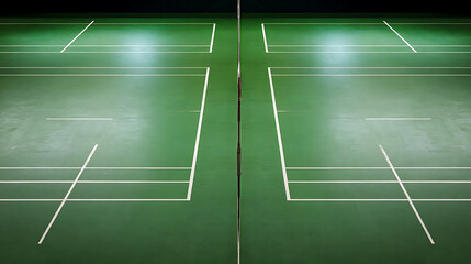 Overhead view of a green indoor tennis court with white boundary lines and central net