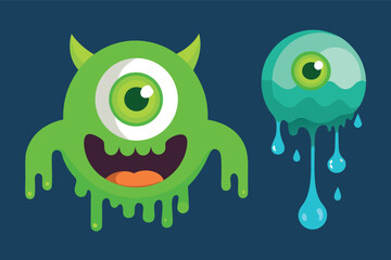 Cute green monster and dripping eyeball halloween vector illustration scalable eps