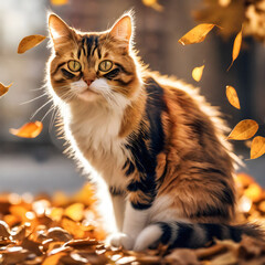 Cute furry cat among leaves created with Generative AI