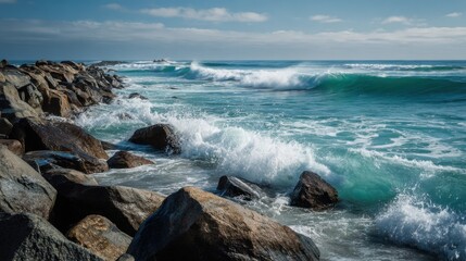 Coastal waves crashing on rocks