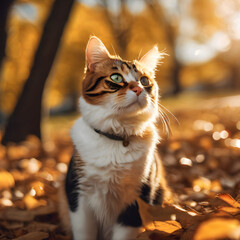 Cute furry cat among leaves created with Generative AI