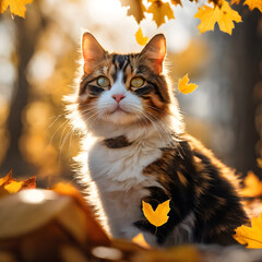 Cute furry cat among leaves created with Generative AI