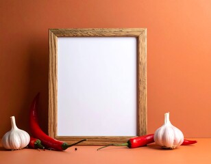 Empty frame with chili peppers and garlic