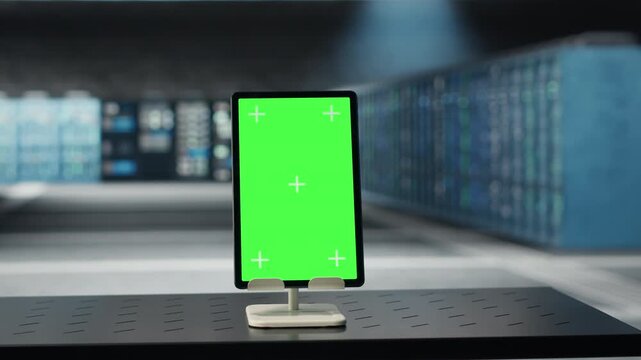 Green screen tablet in data center used for doing maintenance on infrastructure, improving workload. Mockup device in server farm used by high tech server clusters for parallel processing