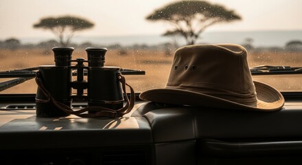Safari Hat and Binoculars in Vehicle on Sunny African Plain
