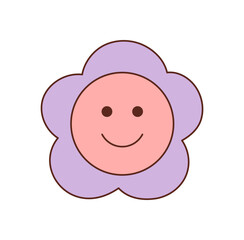 Groovy y2k flower icon in cartoon graphic style with a happy smile and cute pink color. Floral motif and groovy element bring playful retro charm as a positive, graphic symbol for contemporary pop