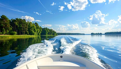 A serene lake vista seen from a motorboat, showcasing a tranquil waterway with lush greenery, a clear blue sky, and white water wake.