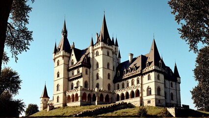 Fototapeta premium Majestic castle rises against a clear blue sky, a historic landmark promising rich cultural heritage tourism