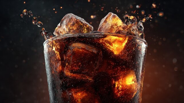 Close-up of Cola with Ice Splashing, Refreshing Cold Drink in Glass &ndash; Perfect for Summer Drinks, Beverage Photography, Ads & Marketing