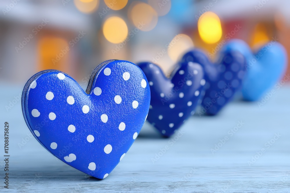 Poster delightful blue polka dot hearts lined up on a soft wooden surface creating a charming display of lo