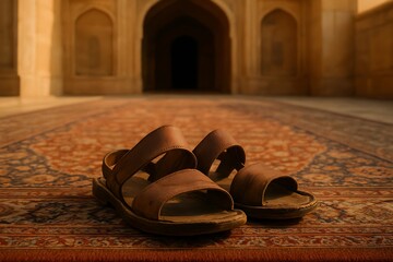 Step into Tradition: Authentic Leather Sandals on Antique Rug - Perfect for Travel, Culture, and Design Projects exploring Heritage and Timeless Style
