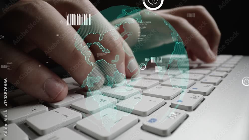 Poster a close-up view of hands typing on a keyboard, enhanced with a digital global data overlay, represen