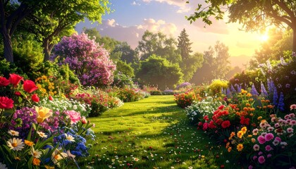 Obraz premium A vibrant garden scene, bursting with colorful flowers, bathed in the warm light of a beautiful sunset.