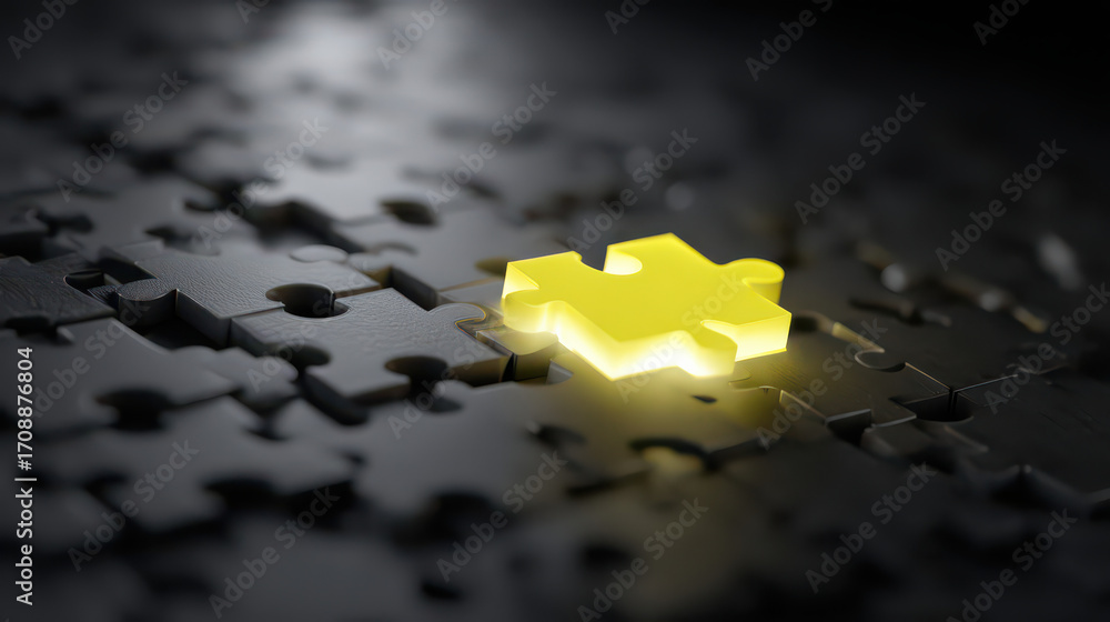 Poster illuminated solution: a single, luminous puzzle piece glows with inner light, positioned among a fie