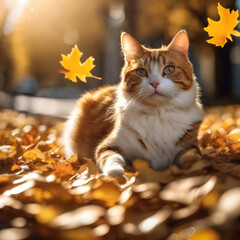Cute furry cat among leaves created with Generative AI