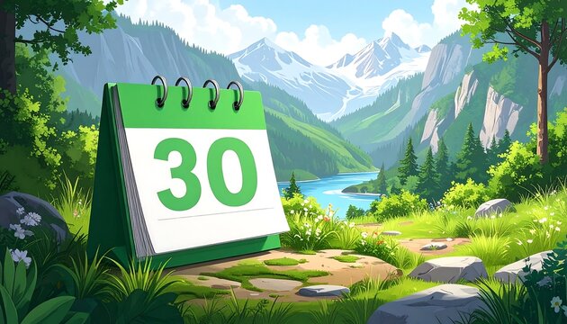 A green calendar displaying "30" sits on a path amidst a lush, mountainous landscape