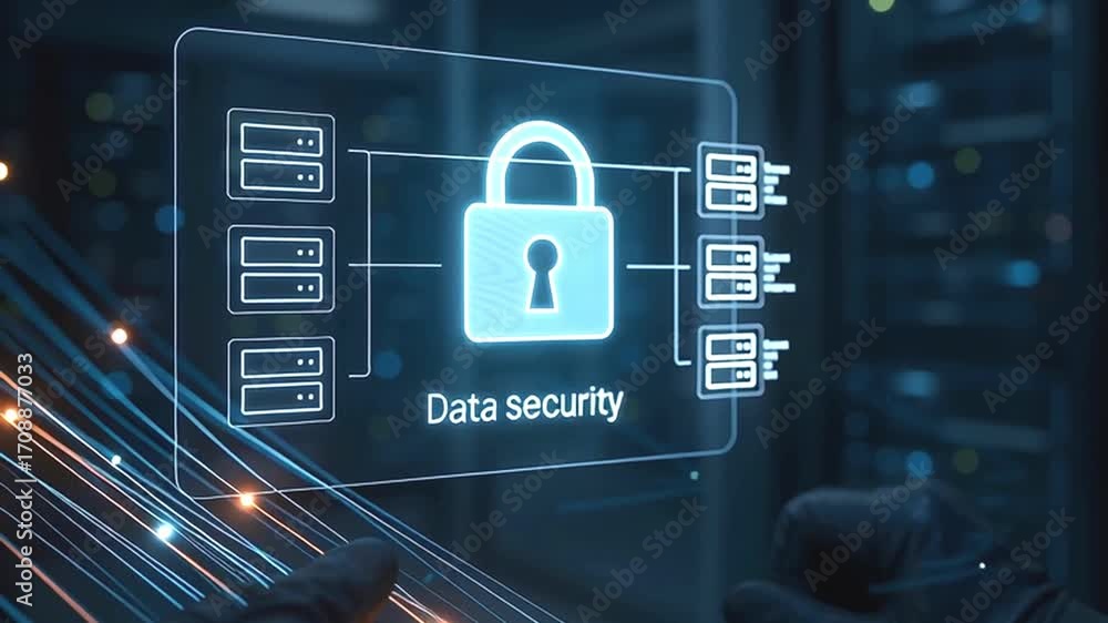 Poster cybersecurity hud with lock icon in server room