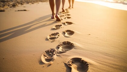 Footprints in sand on beach with people walking, and golden sunlight.