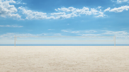 Empty beach volleyball court under a clear blue sky with scattered clouds