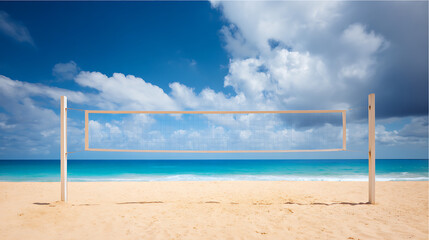 Beach volleyball net on sandy shore with turquoise ocean and blue sky