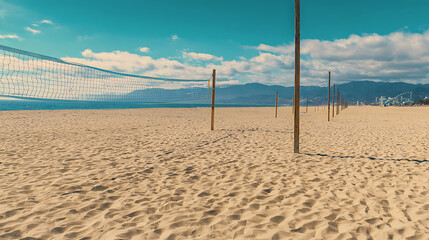 Beach volleyball net on sandy shore with distant mountains and clear sky