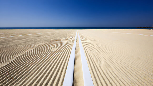 A wide sandy beach with parallel white pathways leading toward the ocean under a clear blue sky