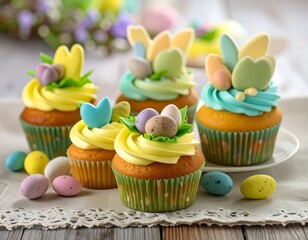 Easter cupcakes decorated with pastel icing, eggs, and bunny shapes